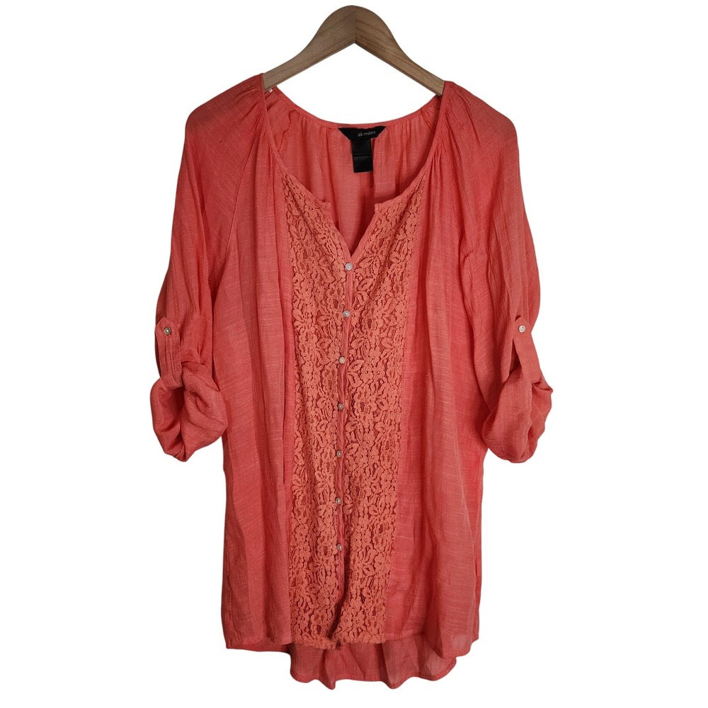Ali Miles Tunic Top‎ Women's XL Floral V-Neck 3/4 Sleeve Orange